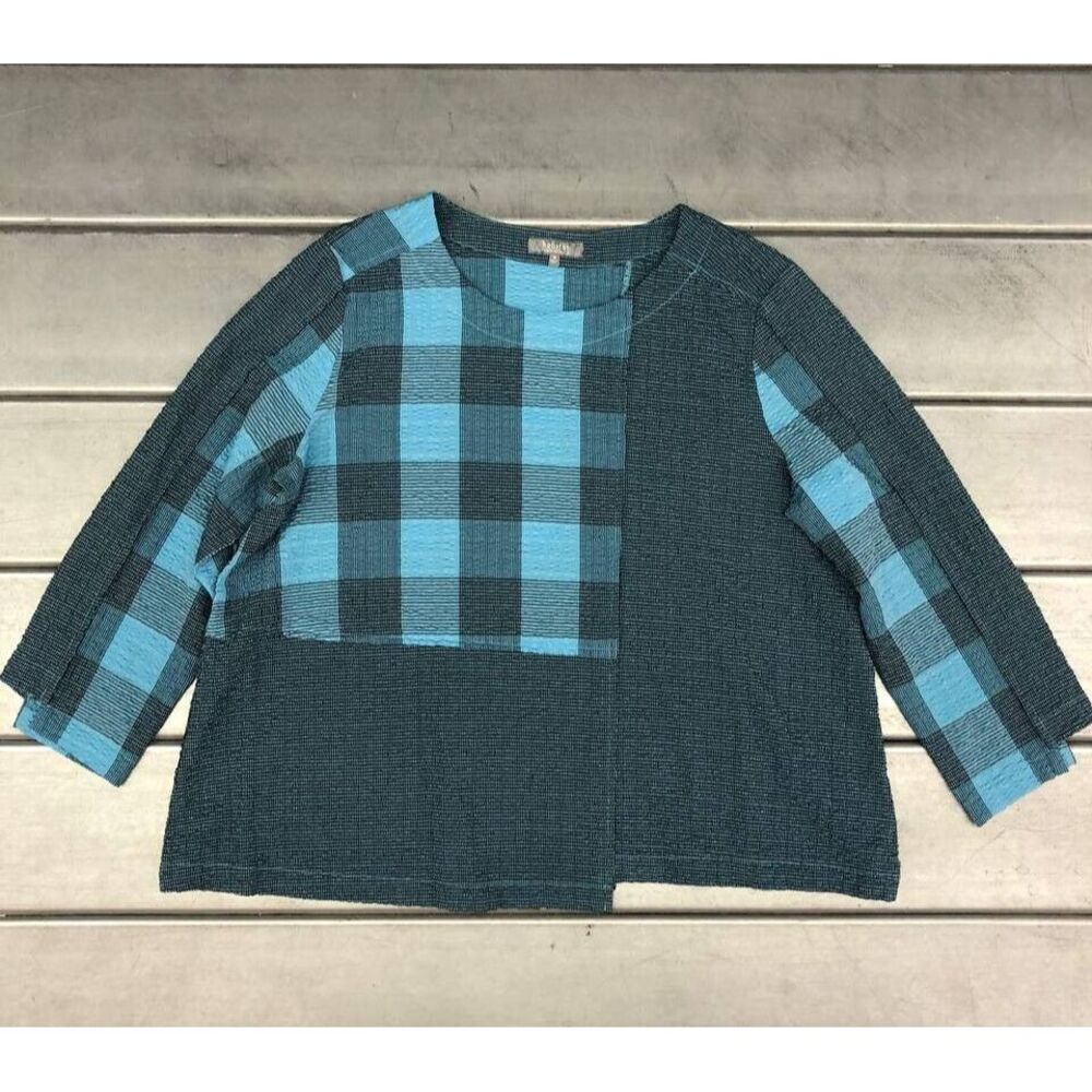 Habitat Asymmetrical Crop Top Womens‎ Medium Blue Plaid Textured Shirt